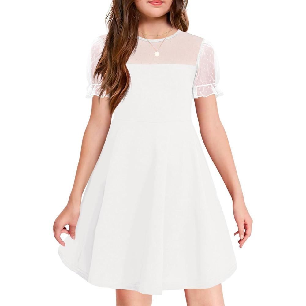 image:imageHaloumoning Girls Contrast Mesh Puff Short Sleeve Dress Kids High Waist A Line Casual Dresses with Pockets 414 YearsWhite