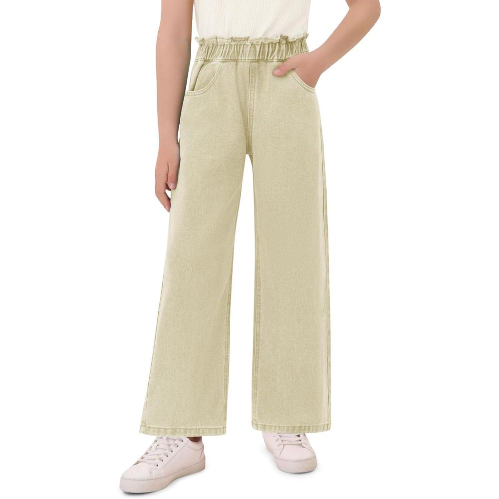 image:imageHaloumoning Girls Cute Wide Leg Flared Jeans Kids Oversized Elastic Waist Paper Bag Pants with Pockets 514 YearsBeige