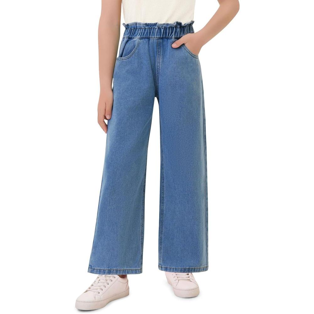image:imageHaloumoning Girls Cute Wide Leg Flared Jeans Kids Oversized Elastic Waist Paper Bag Pants with Pockets 514 YearsCowboy Blue