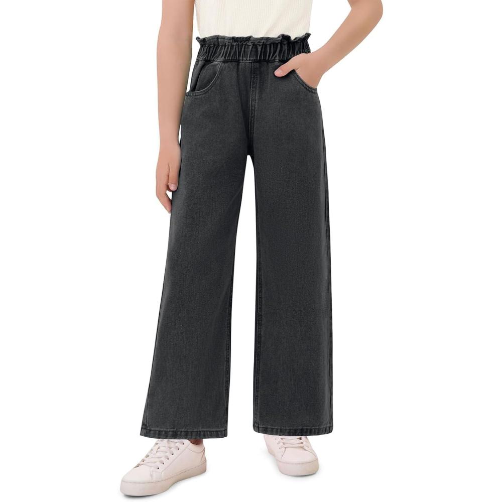image:imageHaloumoning Girls Cute Wide Leg Flared Jeans Kids Oversized Elastic Waist Paper Bag Pants with Pockets 514 YearsGrey
