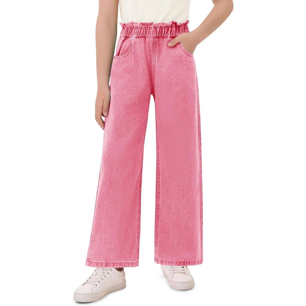 image:imageHaloumoning Girls Cute Wide Leg Flared Jeans Kids Oversized Elastic Waist Paper Bag Pants with Pockets 514 YearsRose Red