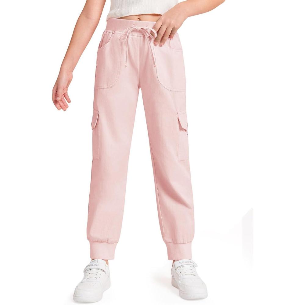 image:imageHaloumoning Girls Drawstring Cargo Jogger Pants Kids Quick Dry Slim Fit Sweatpants with Pockets 514YearsPink
