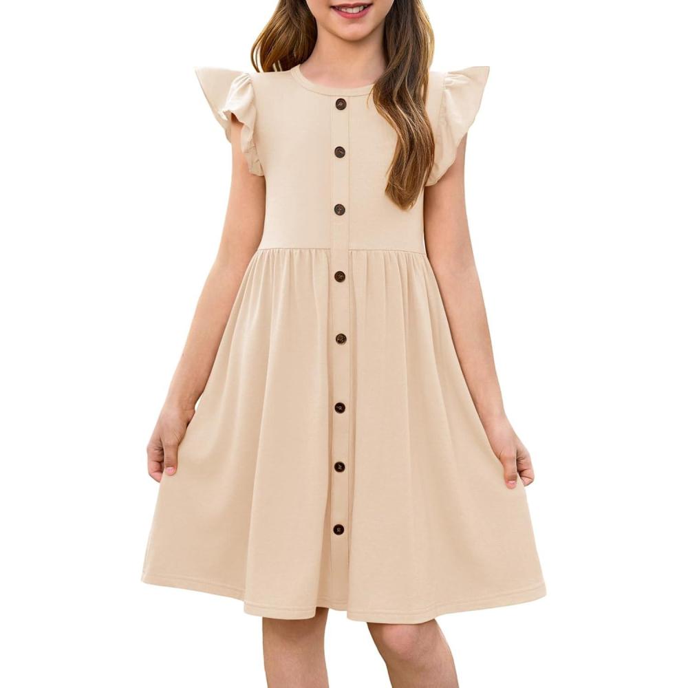 image:imageHaloumoning Girls Dress Kids Flutter Sleeve ALine Button Down Sundress Casual Midi Dresses 514 YearsBeige