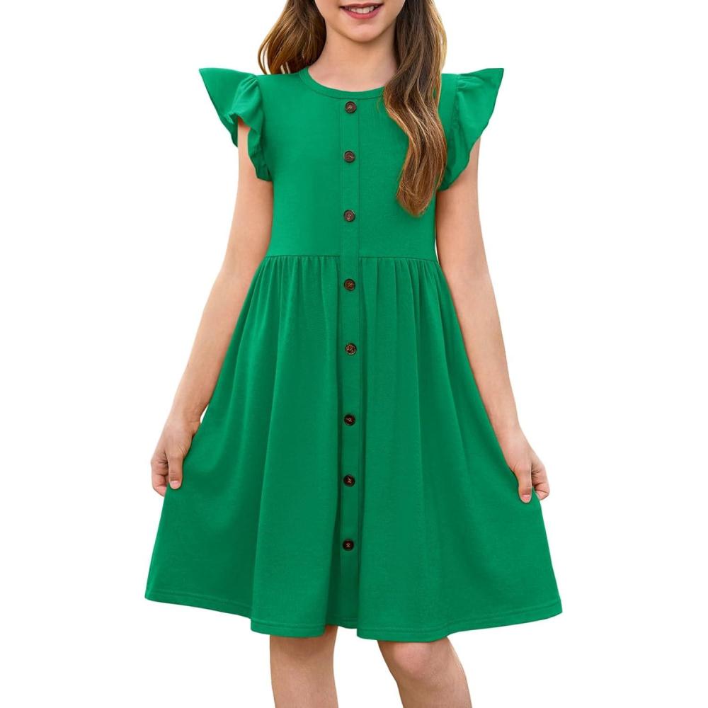 image:imageHaloumoning Girls Dress Kids Flutter Sleeve ALine Button Down Sundress Casual Midi Dresses 514 YearsGreen