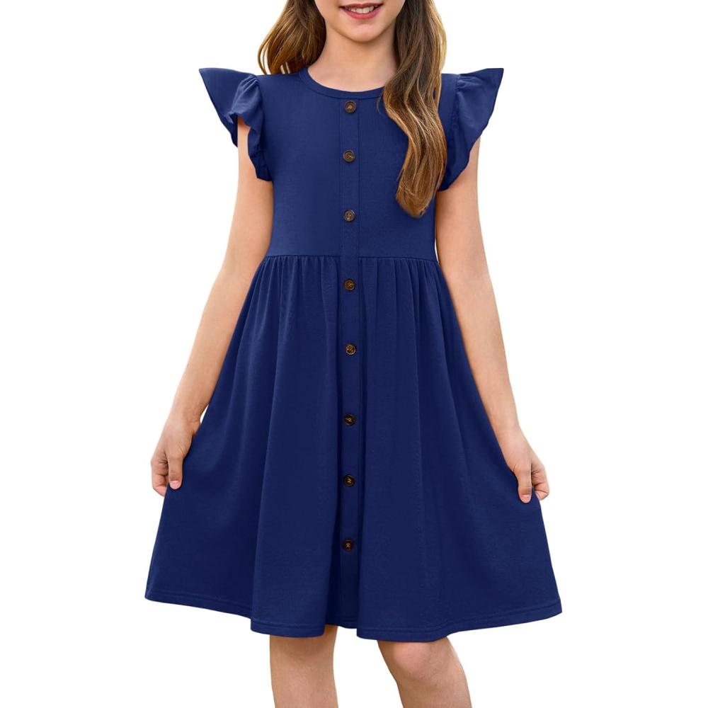 image:imageHaloumoning Girls Dress Kids Flutter Sleeve ALine Button Down Sundress Casual Midi Dresses 514 YearsNavy Blue