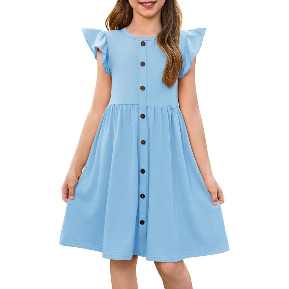 image:imageHaloumoning Girls Dress Kids Flutter Sleeve ALine Button Down Sundress Casual Midi Dresses 514 YearsSky Blue