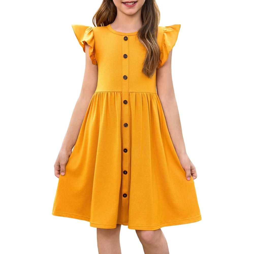 image:imageHaloumoning Girls Dress Kids Flutter Sleeve ALine Button Down Sundress Casual Midi Dresses 514 YearsYellow