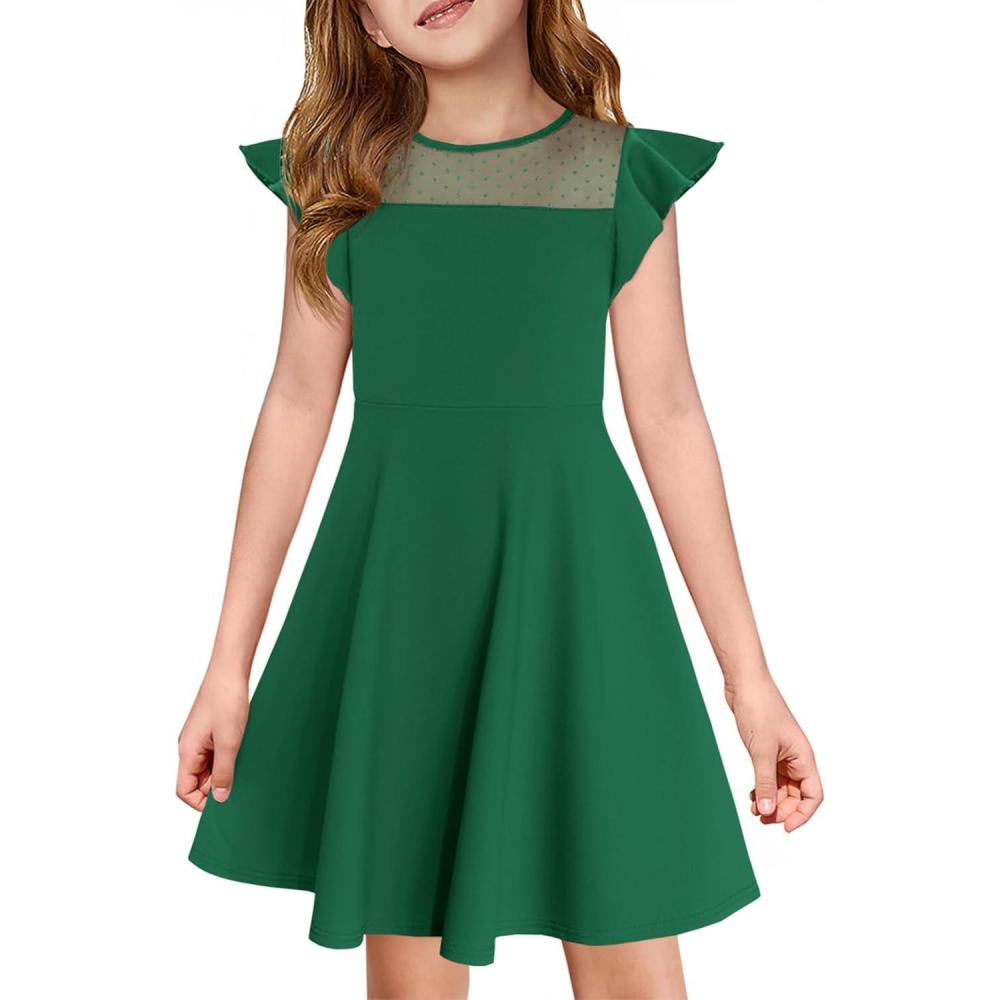 image:imageHaloumoning Girls Dress Summer Ruffle Sleeve Mesh A Line Casual Party Dresses with Pockets for Kids 414 YearsGreen