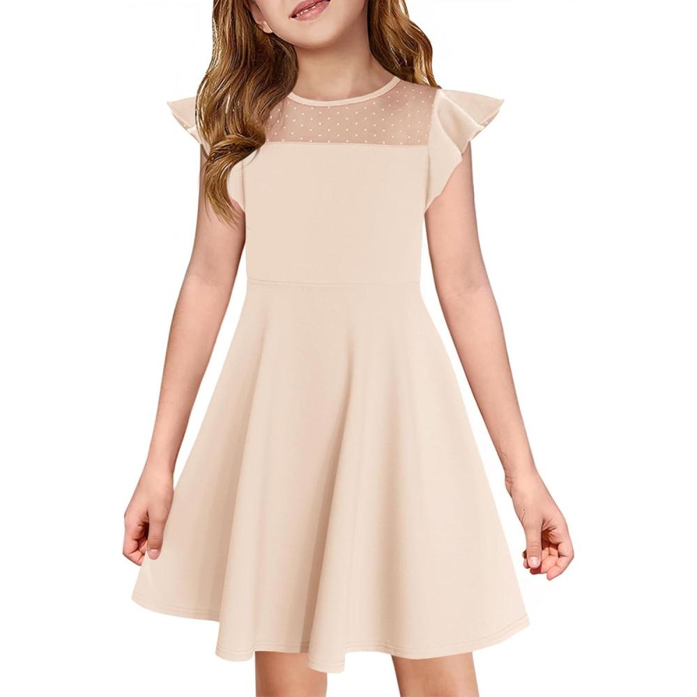 image:imageHaloumoning Girls Dress Summer Ruffle Sleeve Mesh A Line Casual Party Dresses with Pockets for Kids 414 YearsKhaki