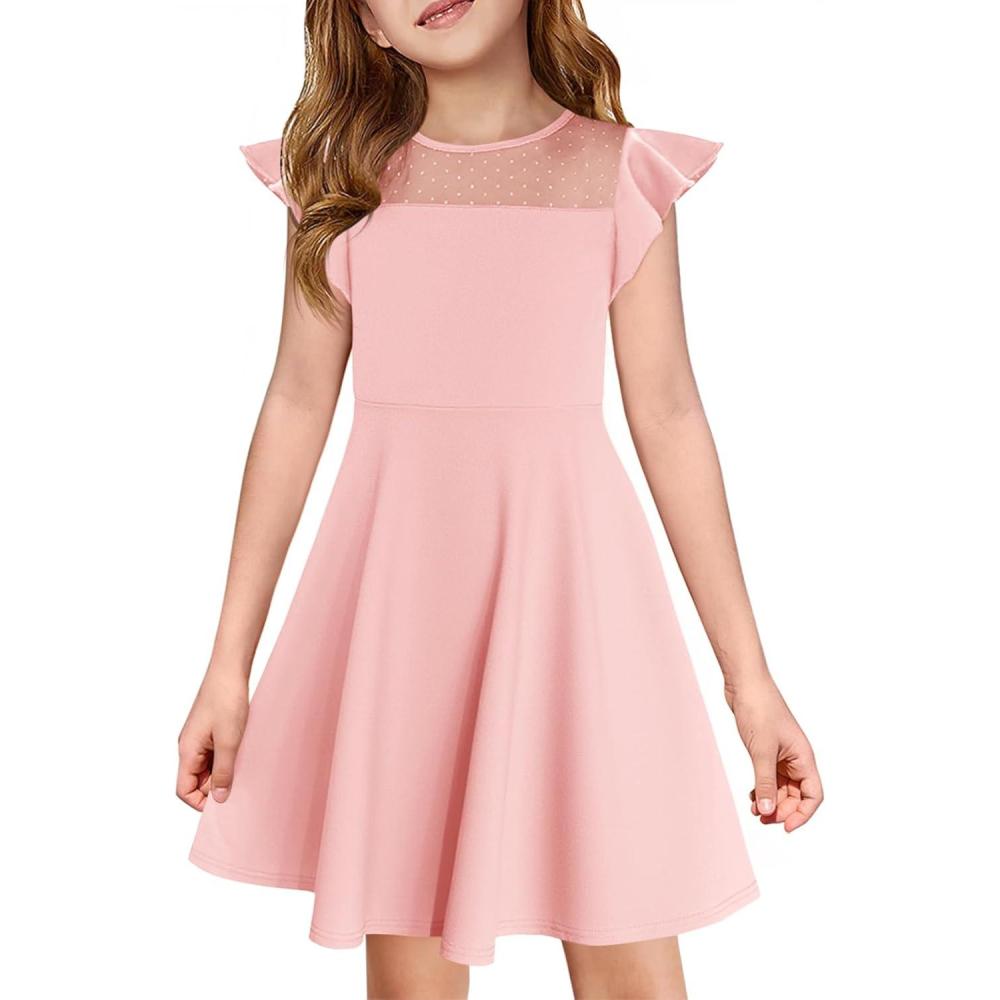 image:imageHaloumoning Girls Dress Summer Ruffle Sleeve Mesh A Line Casual Party Dresses with Pockets for Kids 414 YearsLight Pink