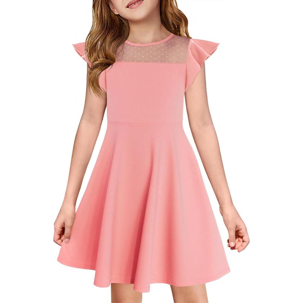 image:imageHaloumoning Girls Dress Summer Ruffle Sleeve Mesh A Line Casual Party Dresses with Pockets for Kids 414 YearsPink