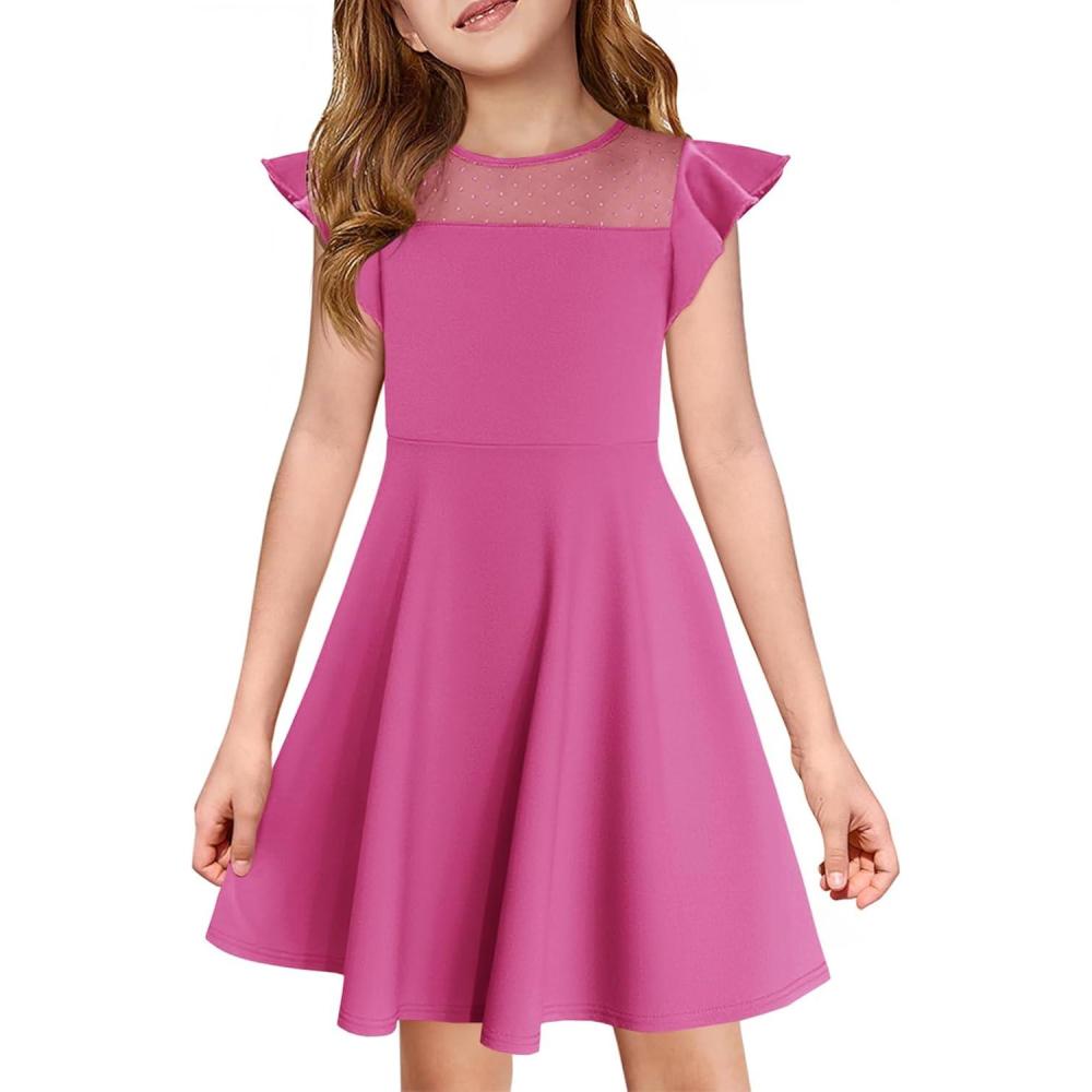 image:imageHaloumoning Girls Dress Summer Ruffle Sleeve Mesh A Line Casual Party Dresses with Pockets for Kids 414 YearsRose Red