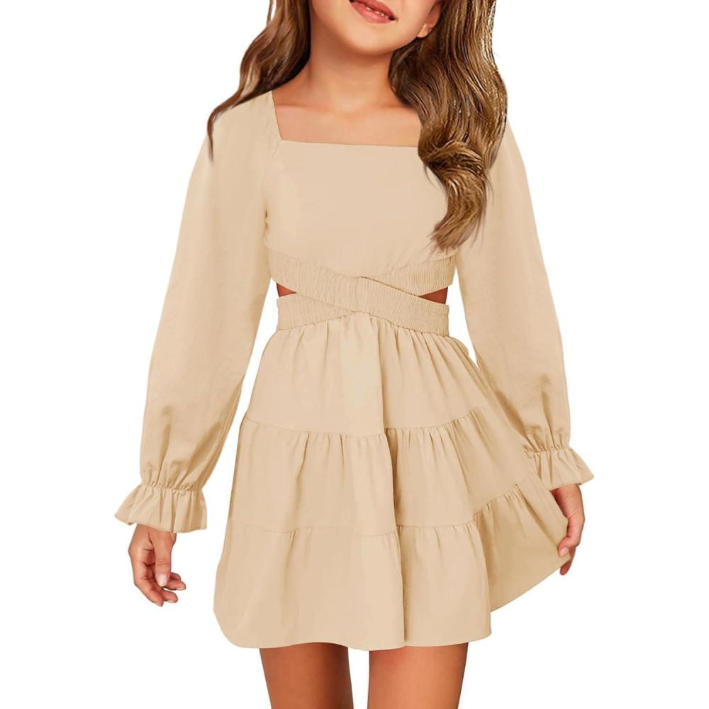 image:imageHaloumoning Girls Dresses Long Sleeve Square Neck Crossover Waist Casual ALine Fall Dress 514YBeige