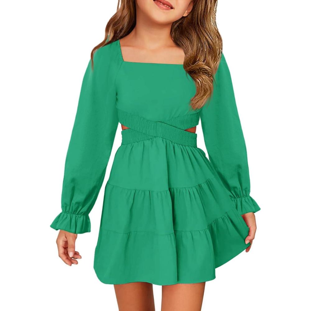 image:imageHaloumoning Girls Dresses Long Sleeve Square Neck Crossover Waist Casual ALine Fall Dress 514YGreen