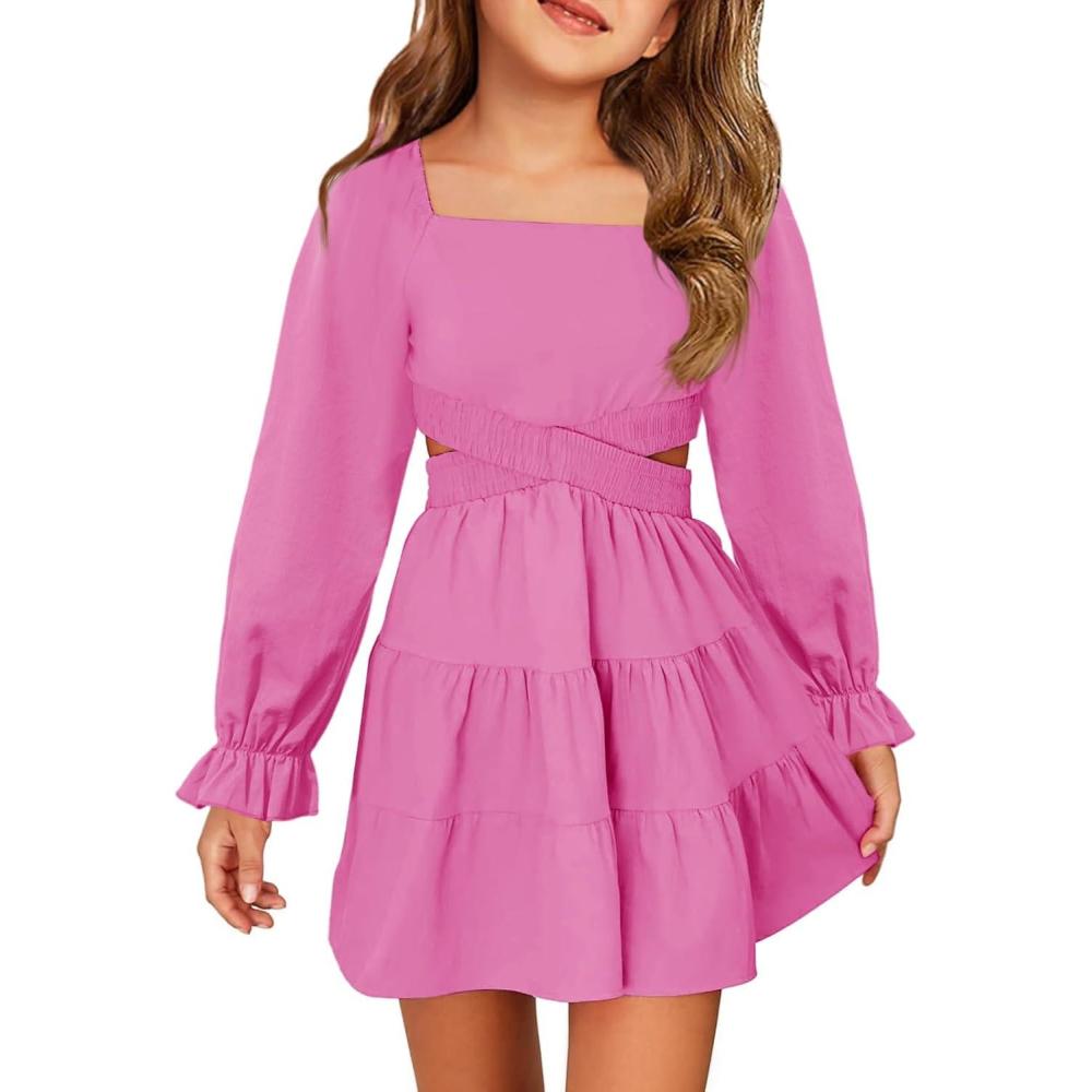 image:imageHaloumoning Girls Dresses Long Sleeve Square Neck Crossover Waist Casual ALine Fall Dress 514YHot Pink