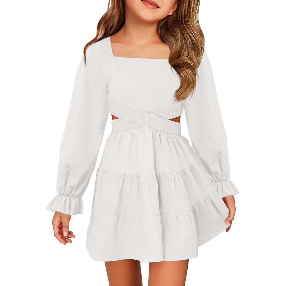 image:imageHaloumoning Girls Dresses Long Sleeve Square Neck Crossover Waist Casual ALine Fall Dress 514YWhite