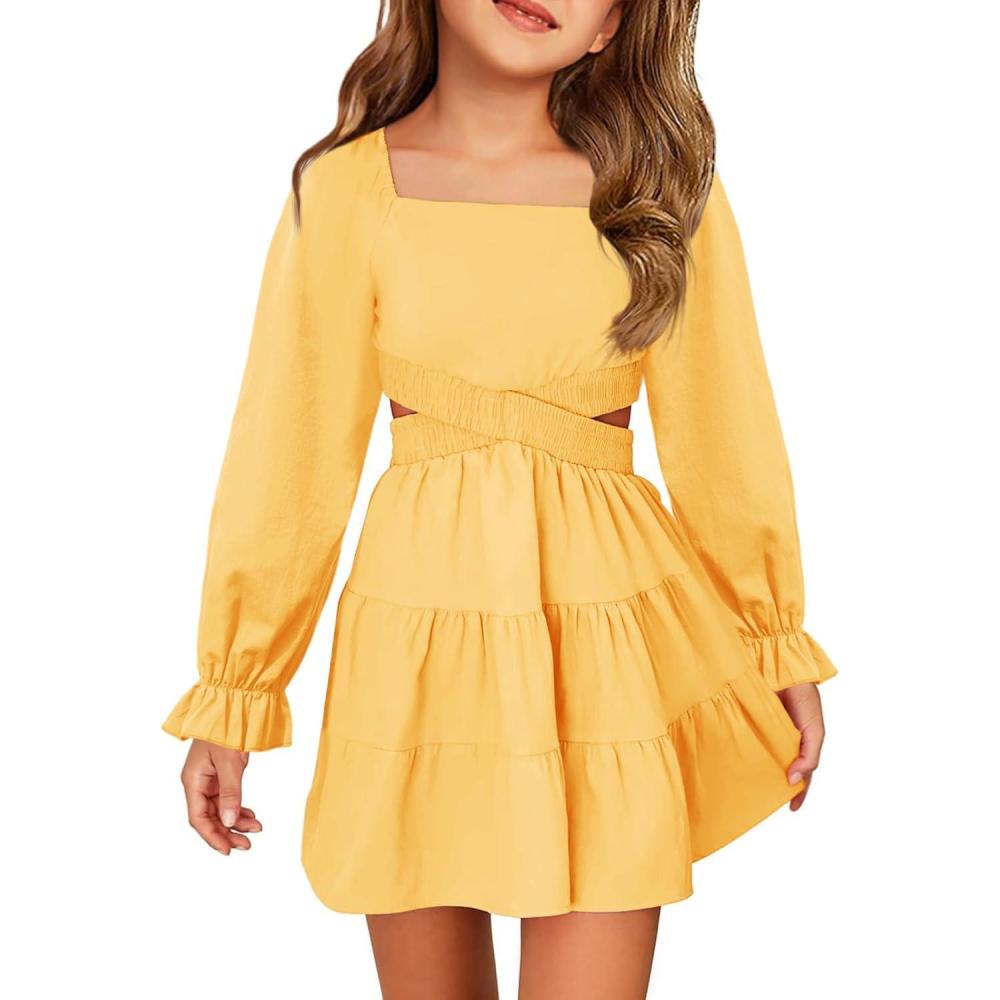 image:imageHaloumoning Girls Dresses Long Sleeve Square Neck Crossover Waist Casual ALine Fall Dress 514YYellow