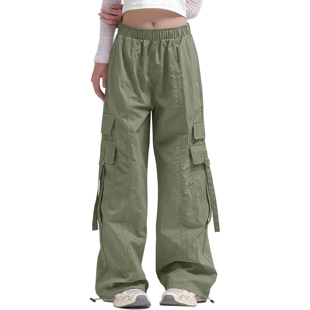 image:imageHaloumoning Girls Parachute Pants Kids Wide Leg Cargo Pants Y2K Street Trousers with Pockets 514 YearsArmy Green