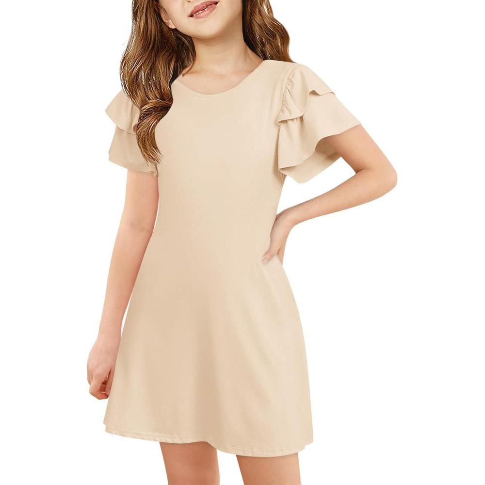 image:imageHaloumoning Girls Ruffle Sleeve Dresses Kids Summer Crewneck A Line Casual Dress 514 YearsApricot