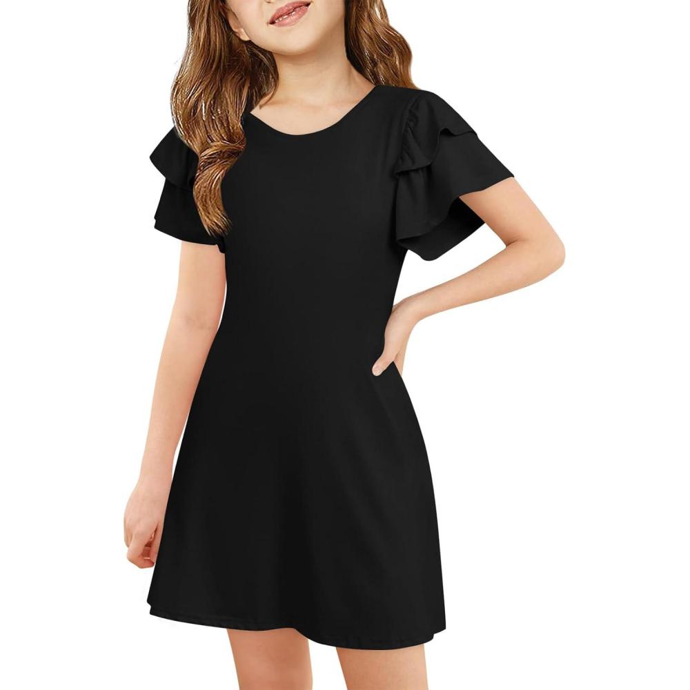 image:imageHaloumoning Girls Ruffle Sleeve Dresses Kids Summer Crewneck A Line Casual Dress 514 YearsBlack