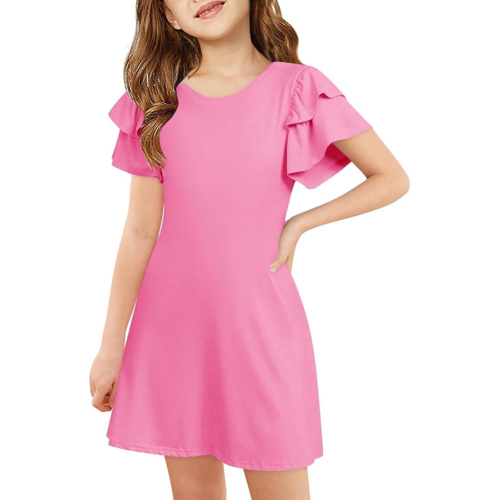 image:imageHaloumoning Girls Ruffle Sleeve Dresses Kids Summer Crewneck A Line Casual Dress 514 YearsHot Pink
