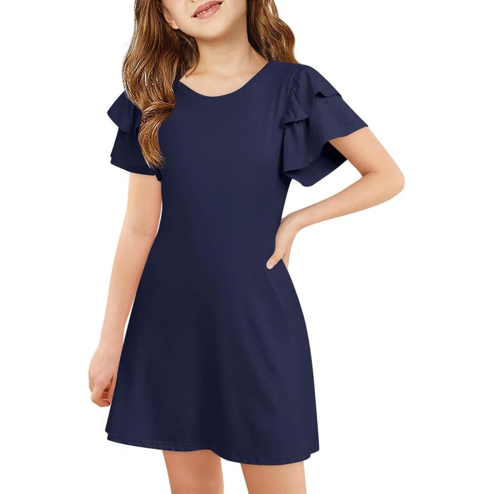image:imageHaloumoning Girls Ruffle Sleeve Dresses Kids Summer Crewneck A Line Casual Dress 514 YearsNavy Blue