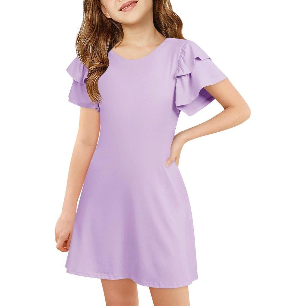 image:imageHaloumoning Girls Ruffle Sleeve Dresses Kids Summer Crewneck A Line Casual Dress 514 YearsPurple