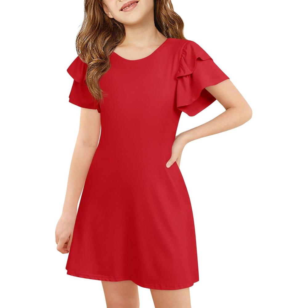image:imageHaloumoning Girls Ruffle Sleeve Dresses Kids Summer Crewneck A Line Casual Dress 514 YearsRed
