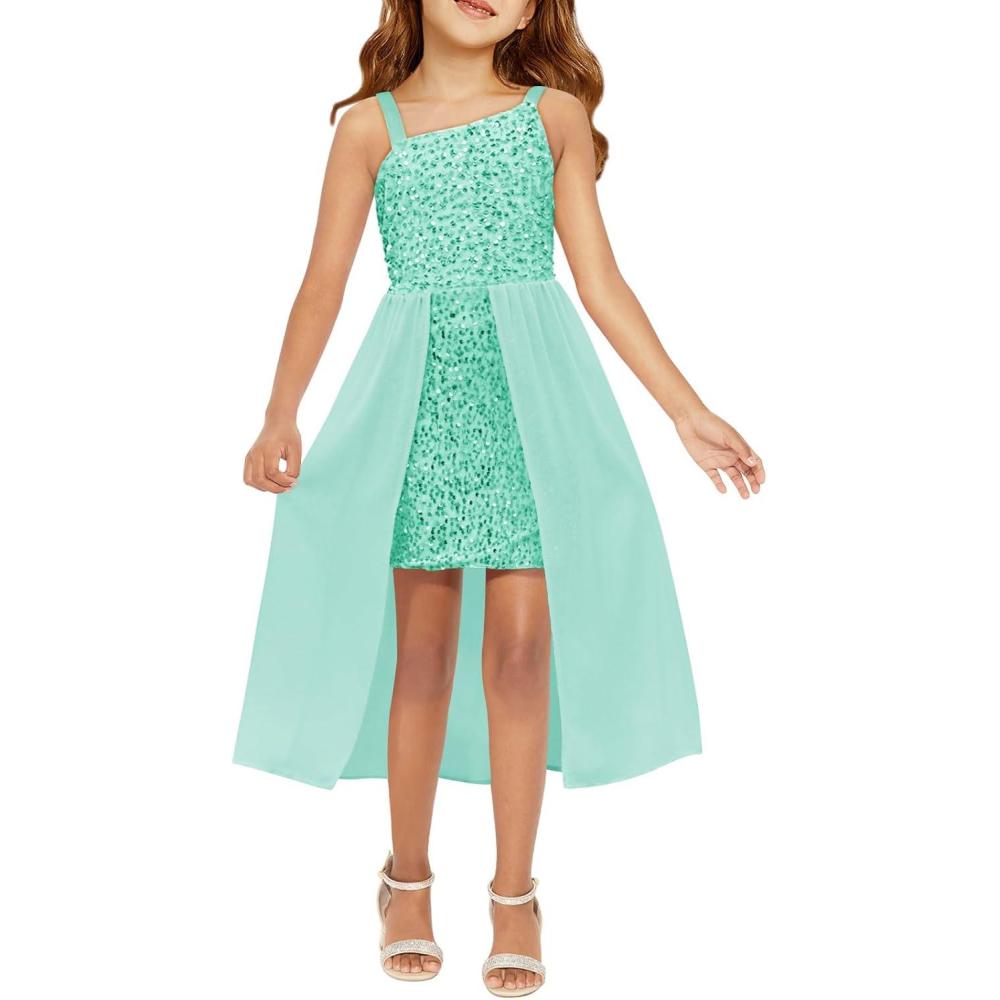 image:imageHaloumoning Girls Sequin Dress Kids Formal Sparkly One Shoulder Prom Party Dresses 414 YearsLight Green