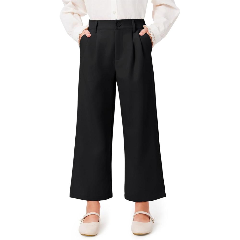 image:imageHaloumoning Girls Uniform Pants Kids High Waisted Wide Leg Dress Pants Casual Trousers with Pockets 514 YearsBlack
