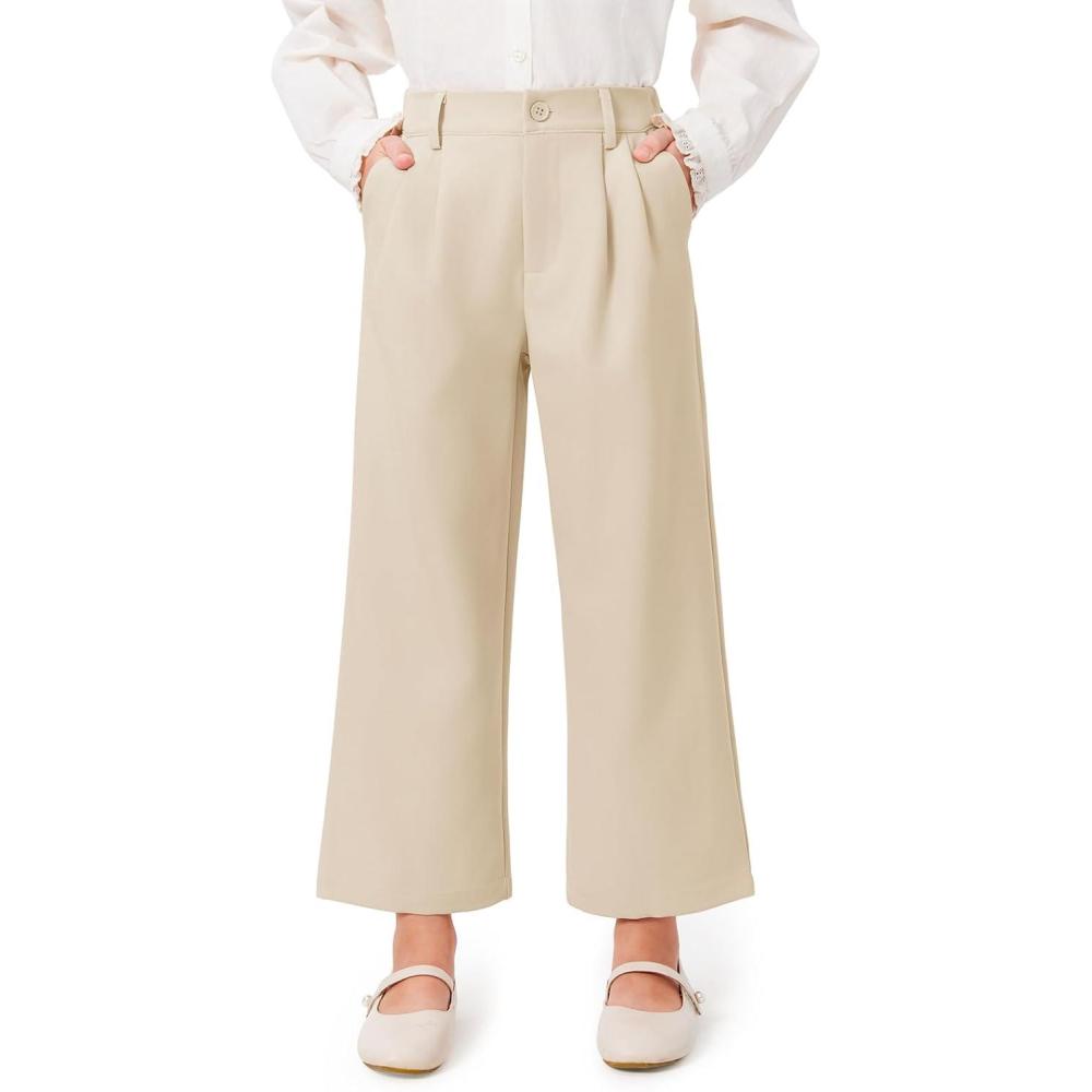 image:imageHaloumoning Girls Uniform Pants Kids High Waisted Wide Leg Dress Pants Casual Trousers with Pockets 514 YearsKhaki