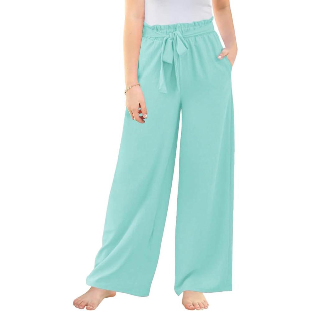 image:imageHaloumoning Girls Wide Leg Pants High Elastic Smocked Waist Casual Flowy Cute Long TrousersLight Green