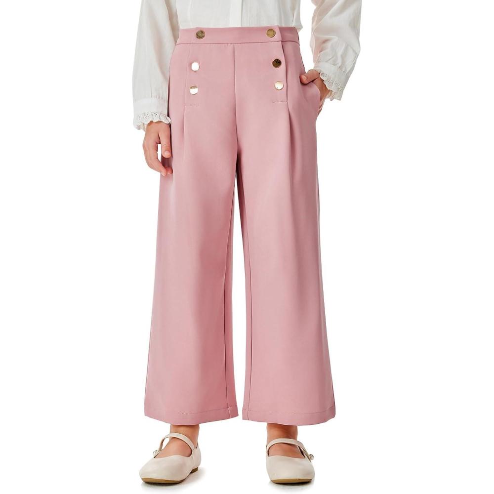 image:imageHaloumoning Girls Wide Leg Pants Kids Fashion Elastic Waist Front Button Trousers with Pockets 514 YearsPink