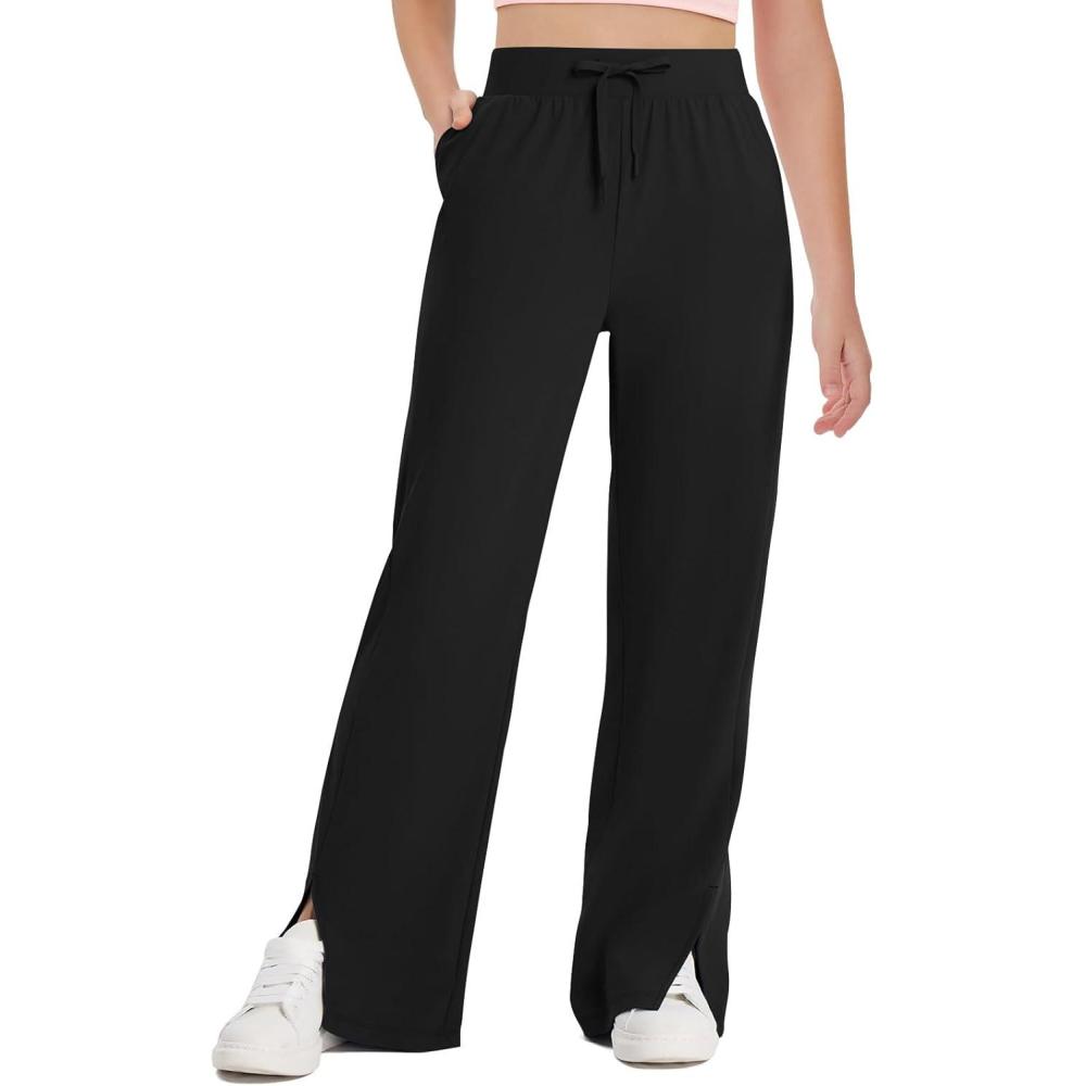 image:imageHaloumoning Girls Wide Leg Yoga Pants Kids Dry Fit Drawstring Side Slit Trouser Pants 514 YearsBlack