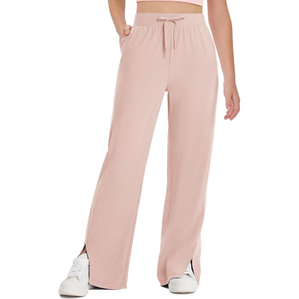 image:imageHaloumoning Girls Wide Leg Yoga Pants Kids Dry Fit Drawstring Side Slit Trouser Pants 514 YearsPink