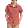 Haloumoning Boys Short Sleeve Textured Dress Shirts Kids School Uniform Button Down Shirt with Chest Pocket 5-14 Years(Brick Red)