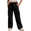 Haloumoning Girls Cargo Pants Casual Baggy Wide Leg Elastic Waist Jogger Trousers with Pockets 5-14 Years(Black)