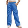 Haloumoning Girls Cargo Pants Casual Baggy Wide Leg Elastic Waist Jogger Trousers with Pockets 5-14 Years(Blue)