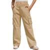 Haloumoning Girls Cargo Pants Casual Baggy Wide Leg Elastic Waist Jogger Trousers with Pockets 5-14 Years(Khaki)