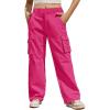 Haloumoning Girls Cargo Pants Casual Baggy Wide Leg Elastic Waist Jogger Trousers with Pockets 5-14 Years(Rose Red)