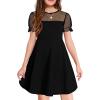 Haloumoning Girls Contrast Mesh Puff Short Sleeve Dress Kids High Waist A Line Casual Dresses with Pockets 4-14 Years(Black)