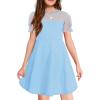 Haloumoning Girls Contrast Mesh Puff Short Sleeve Dress Kids High Waist A Line Casual Dresses with Pockets 4-14 Years(Blue)