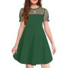 Haloumoning Girls Contrast Mesh Puff Short Sleeve Dress Kids High Waist A Line Casual Dresses with Pockets 4-14 Years(Dark Green)