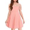 Haloumoning Girls Contrast Mesh Puff Short Sleeve Dress Kids High Waist A Line Casual Dresses with Pockets 4-14 Years(Dark Pink)