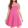 Haloumoning Girls Contrast Mesh Puff Short Sleeve Dress Kids High Waist A Line Casual Dresses with Pockets 4-14 Years(Hot Pink)