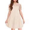 Haloumoning Girls Contrast Mesh Puff Short Sleeve Dress Kids High Waist A Line Casual Dresses with Pockets 4-14 Years(Khaki)