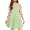 Haloumoning Girls Contrast Mesh Puff Short Sleeve Dress Kids High Waist A Line Casual Dresses with Pockets 4-14 Years(Light Green)