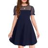 Haloumoning Girls Contrast Mesh Puff Short Sleeve Dress Kids High Waist A Line Casual Dresses with Pockets 4-14 Years(Navy Blue)