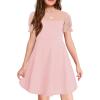 Haloumoning Girls Contrast Mesh Puff Short Sleeve Dress Kids High Waist A Line Casual Dresses with Pockets 4-14 Years(Pink)
