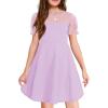 Haloumoning Girls Contrast Mesh Puff Short Sleeve Dress Kids High Waist A Line Casual Dresses with Pockets 4-14 Years(Purple)